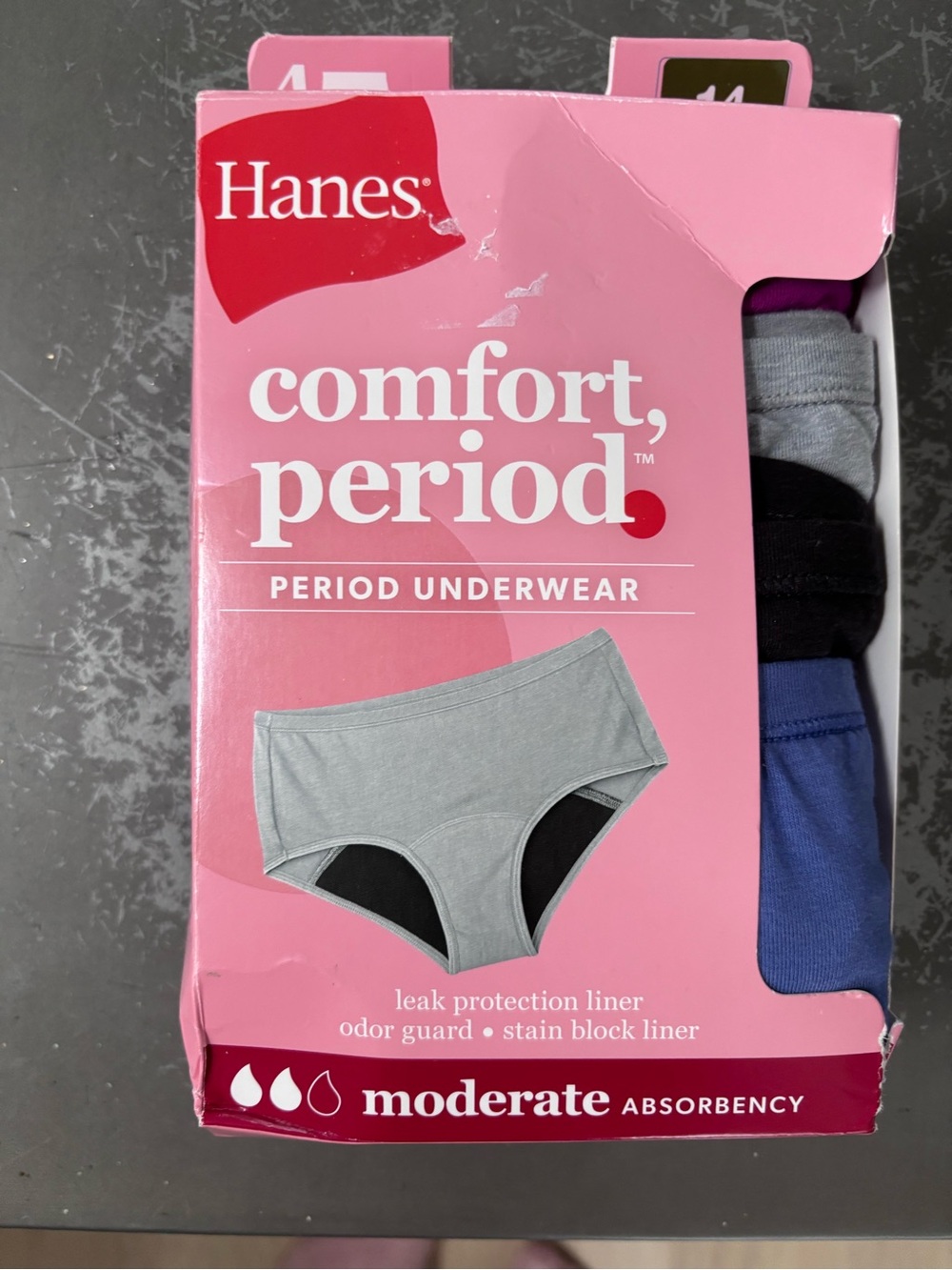 Hanes Girls' Period Underwear Pack with Gray, Black, Blue, Purple, size 14yo NWT
